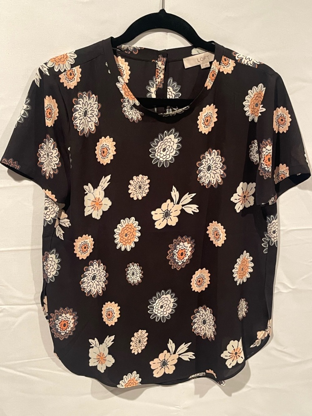 LOFT Black Floral Short-Sleeve Keyhole Blouse